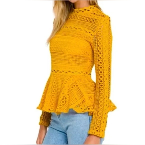 INA Crochet Lace Mustard Peplum Top Medium - Picture 1 of 10
